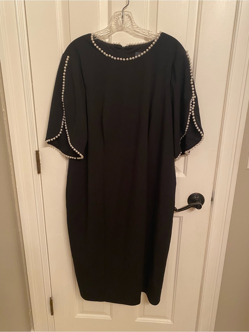 Adrianna Papell Black Midi Dress with Pearl-Trimmed Sleeves